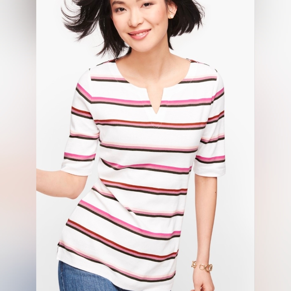 Talbots Pink and Black Striped Split Neck Tee